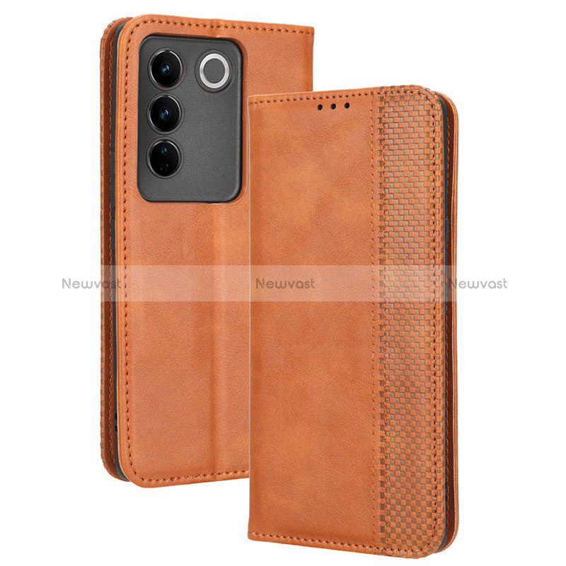 Leather Case Stands Flip Cover Holder BY4 for Vivo V27 5G Brown
