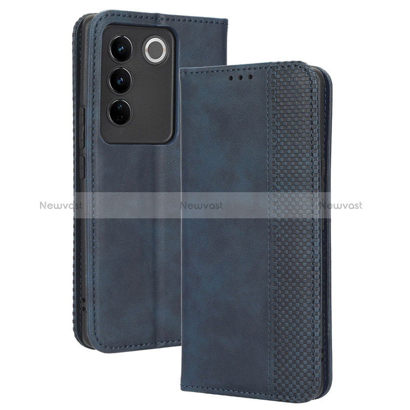 Leather Case Stands Flip Cover Holder BY4 for Vivo V27 Pro 5G Blue