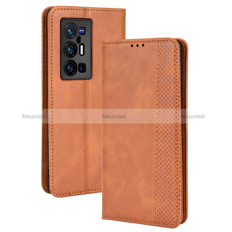 Leather Case Stands Flip Cover Holder BY4 for Vivo X70 Pro+ Plus 5G Brown