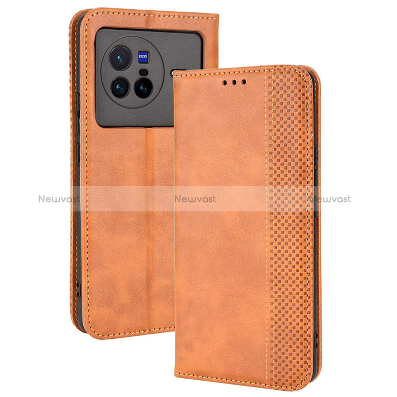 Leather Case Stands Flip Cover Holder BY4 for Vivo X80 5G Brown