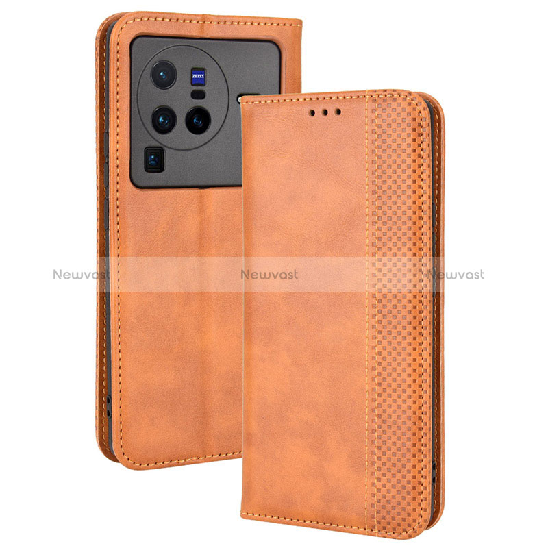 Leather Case Stands Flip Cover Holder BY4 for Vivo X80 Pro 5G Brown