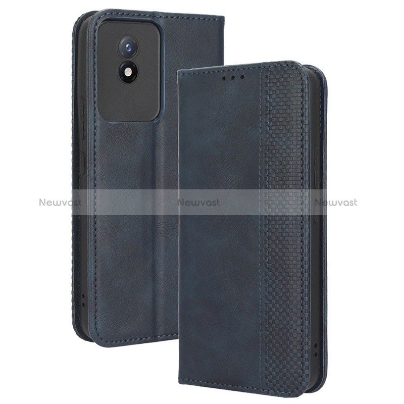 Leather Case Stands Flip Cover Holder BY4 for Vivo Y02 Blue