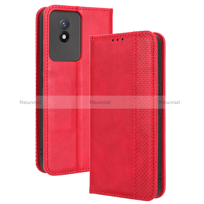 Leather Case Stands Flip Cover Holder BY4 for Vivo Y02 Red
