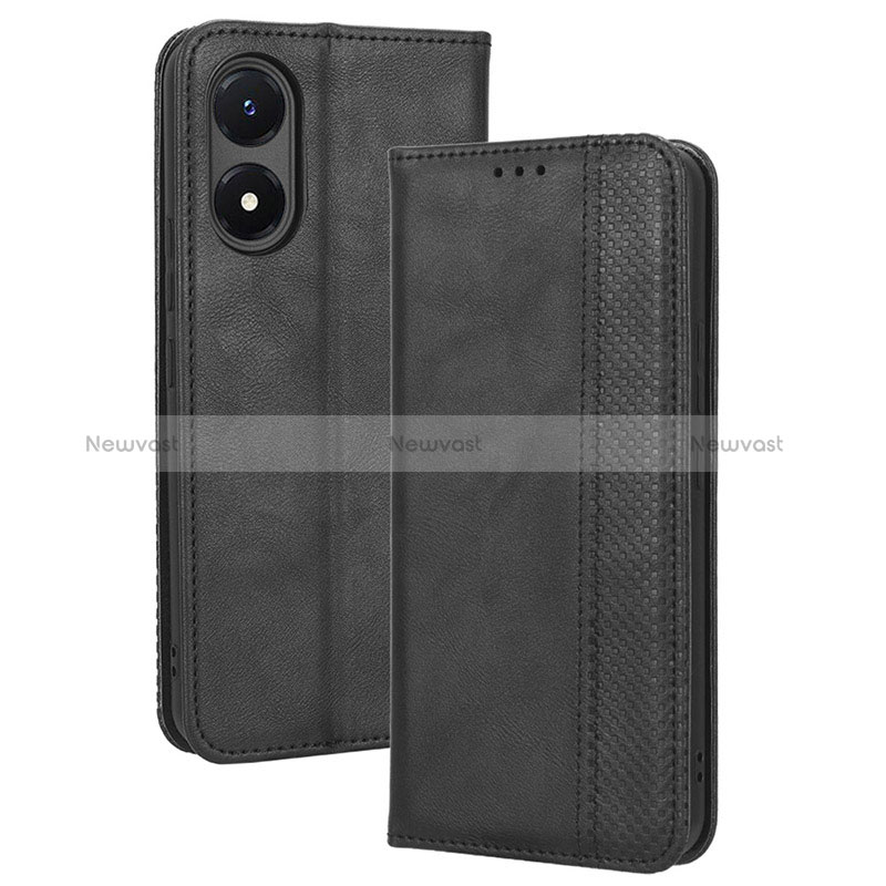 Leather Case Stands Flip Cover Holder BY4 for Vivo Y02S Black