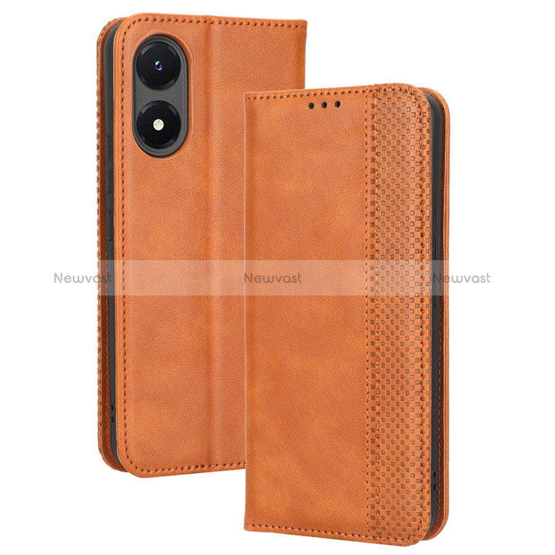 Leather Case Stands Flip Cover Holder BY4 for Vivo Y02S Brown