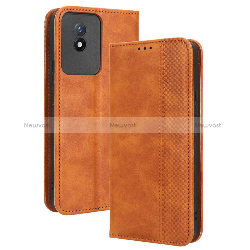 Leather Case Stands Flip Cover Holder BY4 for Vivo Y11 (2023) Brown