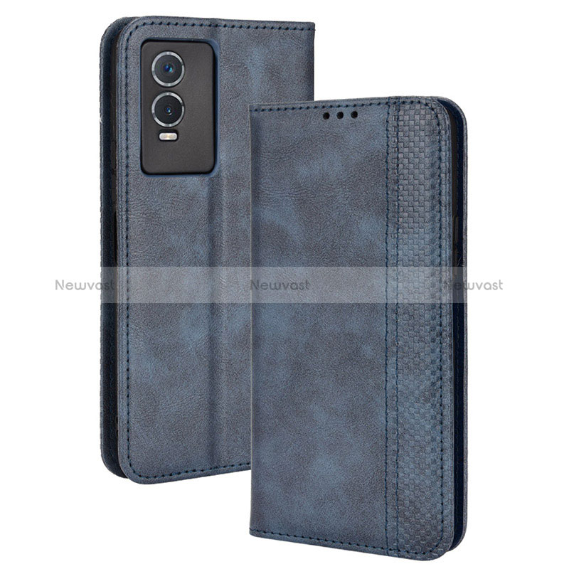 Leather Case Stands Flip Cover Holder BY4 for Vivo Y76s 5G Blue