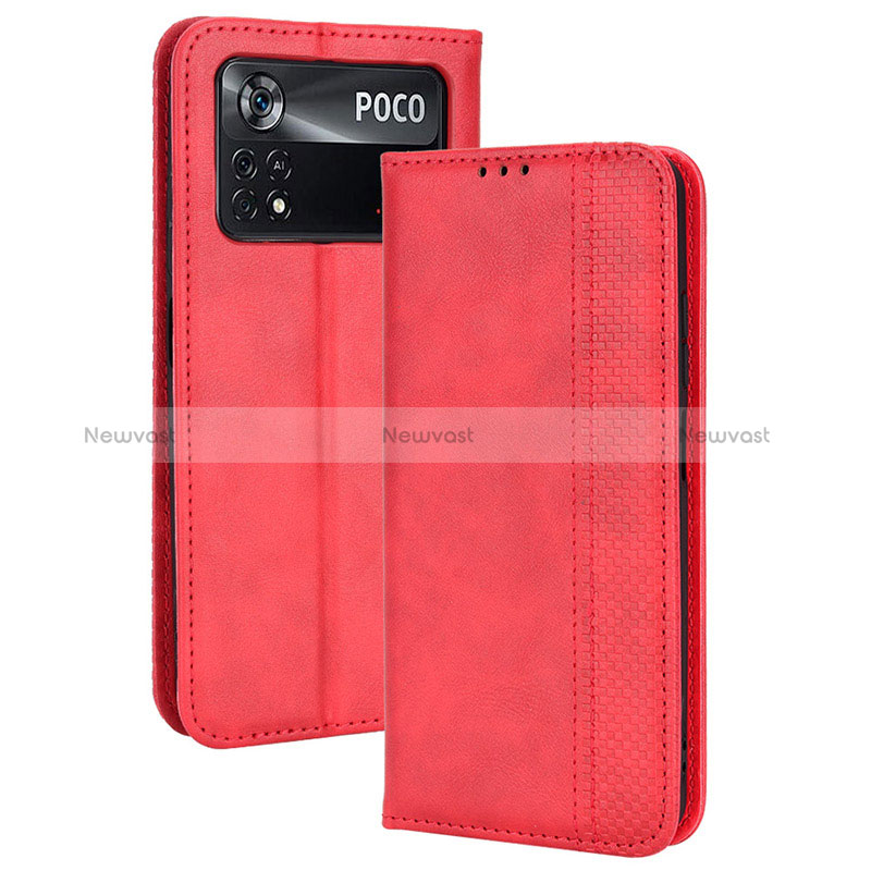 Leather Case Stands Flip Cover Holder BY4 for Xiaomi Poco M4 Pro 4G Red