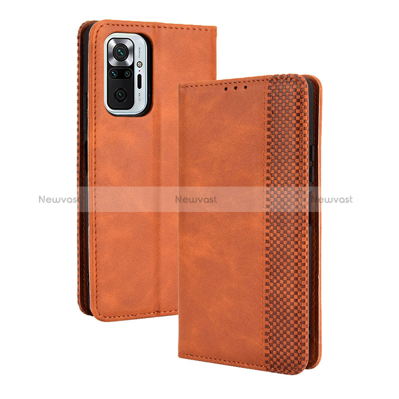 Leather Case Stands Flip Cover Holder BY4 for Xiaomi Redmi Note 10 Pro 4G Brown