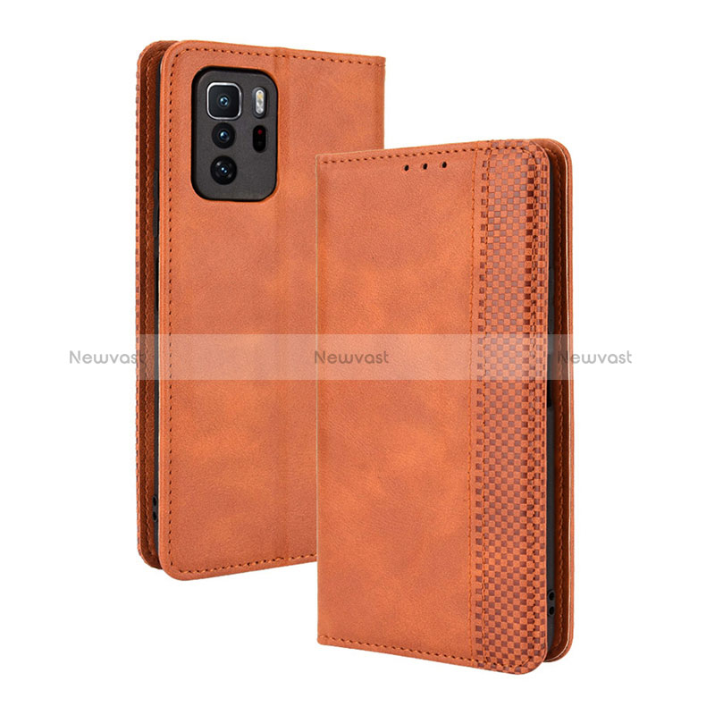 Leather Case Stands Flip Cover Holder BY4 for Xiaomi Redmi Note 10 Pro 5G Brown
