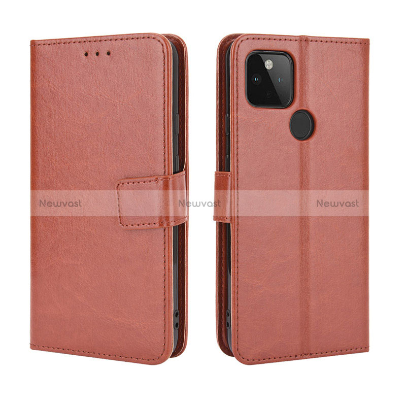 Leather Case Stands Flip Cover Holder BY5 for Google Pixel 5 XL 5G Brown