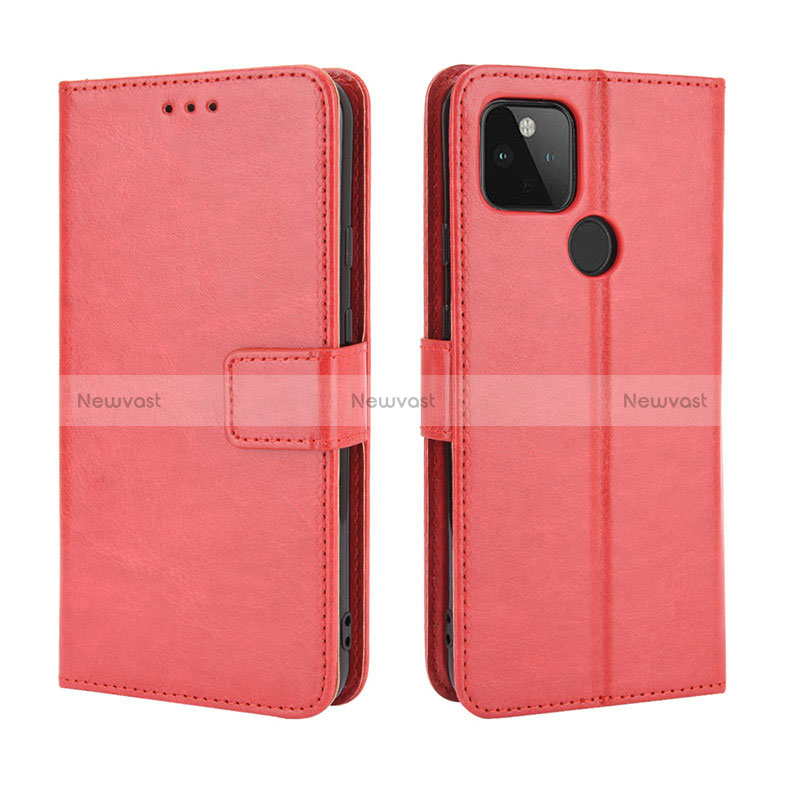 Leather Case Stands Flip Cover Holder BY5 for Google Pixel 5 XL 5G Red