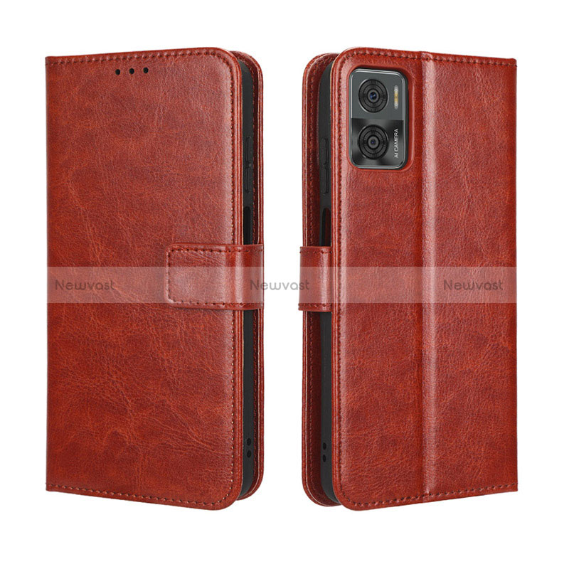 Leather Case Stands Flip Cover Holder BY5 for Motorola Moto E22 Brown