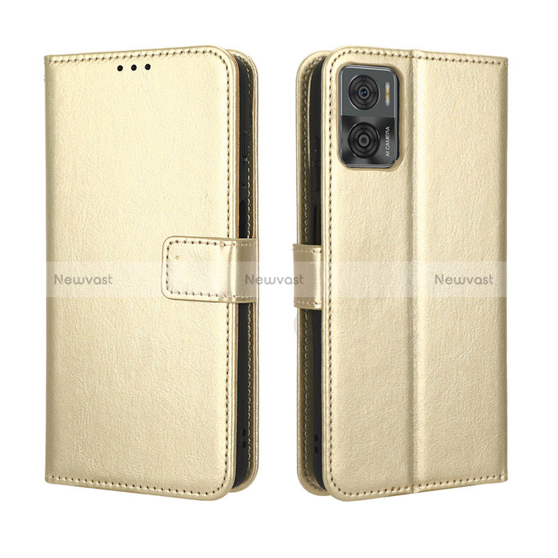 Leather Case Stands Flip Cover Holder BY5 for Motorola Moto E22 Gold