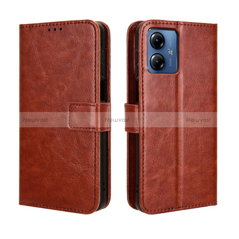 Leather Case Stands Flip Cover Holder BY5 for Motorola Moto G14 Brown