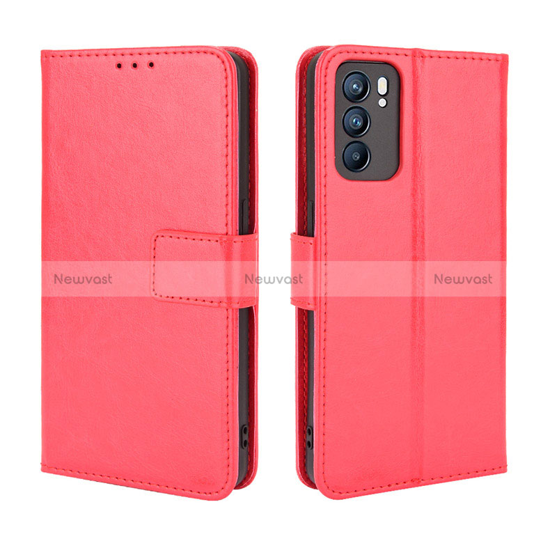 Leather Case Stands Flip Cover Holder BY5 for Oppo Reno6 5G Red