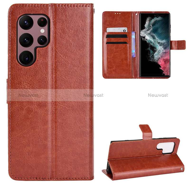 Leather Case Stands Flip Cover Holder BY5 for Samsung Galaxy S22 Ultra 5G