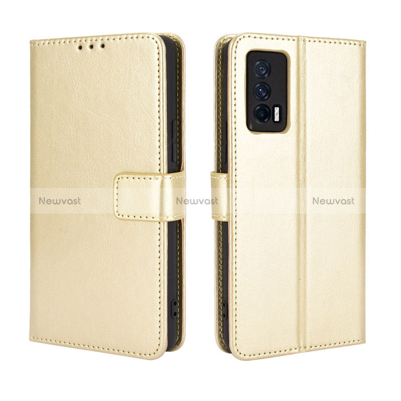 Leather Case Stands Flip Cover Holder BY5 for Vivo iQOO 7 India 5G Gold