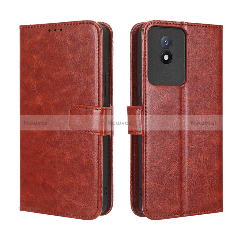 Leather Case Stands Flip Cover Holder BY5 for Vivo Y02 Brown