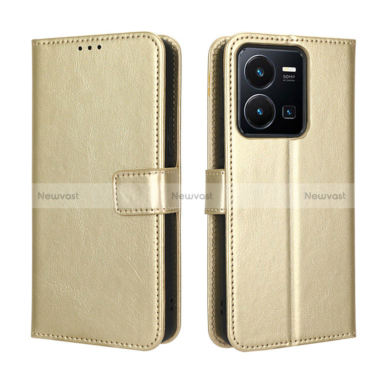 Leather Case Stands Flip Cover Holder BY5 for Vivo Y35 4G Gold