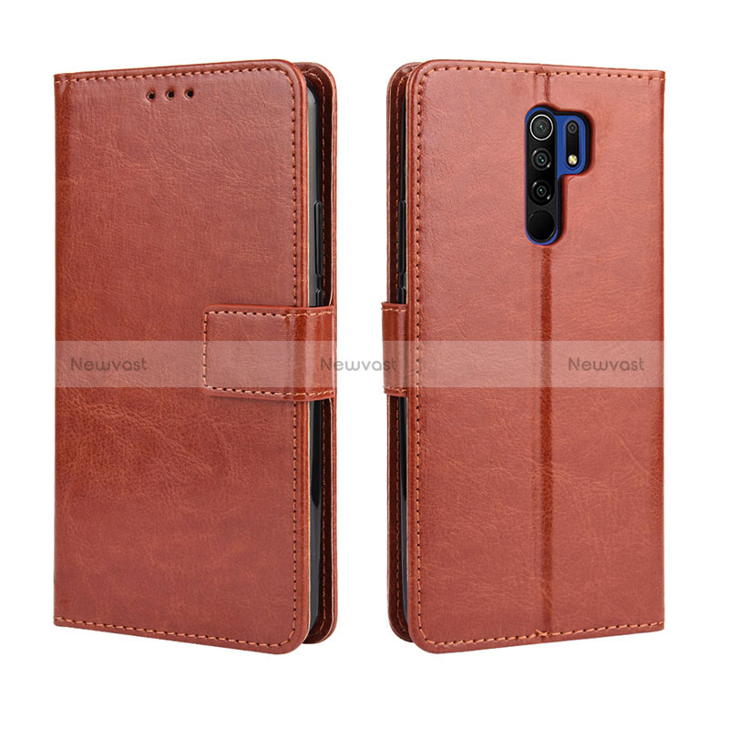 Leather Case Stands Flip Cover Holder BY5 for Xiaomi Redmi 9 Prime India Brown