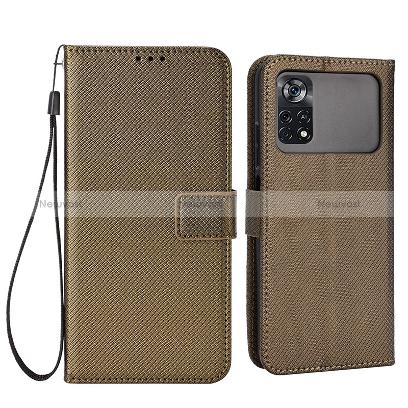 Leather Case Stands Flip Cover Holder BY6 for Xiaomi Poco M4 Pro 4G Brown