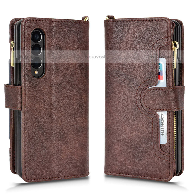 Leather Case Stands Flip Cover Holder BY8 for Samsung Galaxy Z Fold3 5G Brown