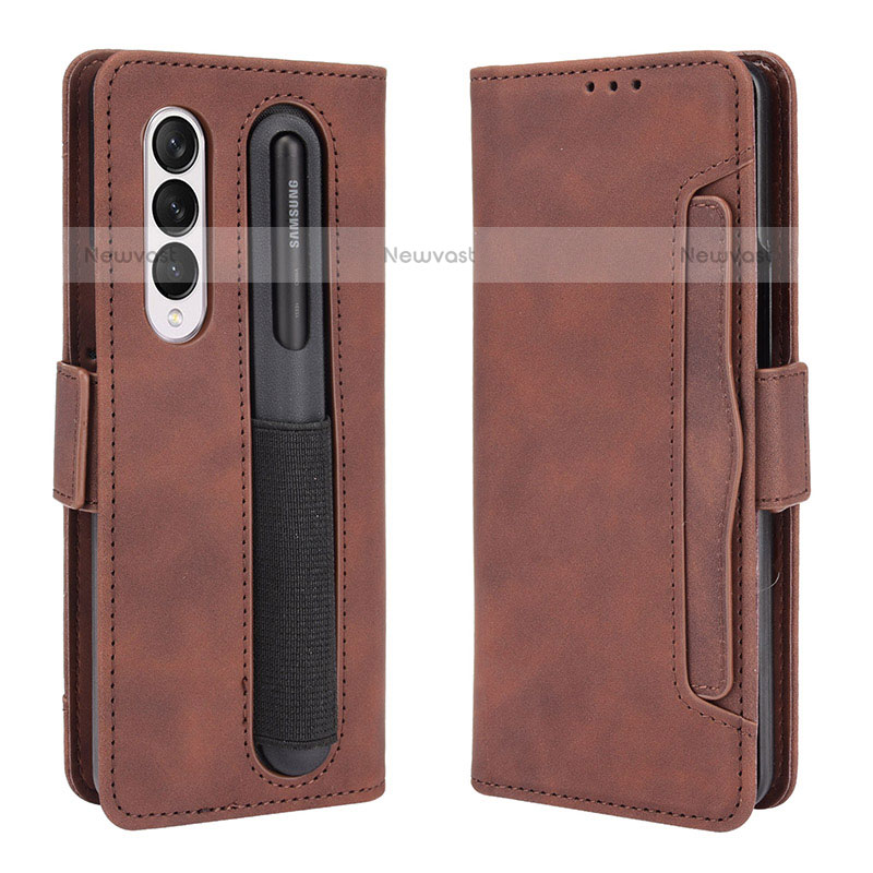 Leather Case Stands Flip Cover Holder BY9 for Samsung Galaxy Z Fold3 5G Brown