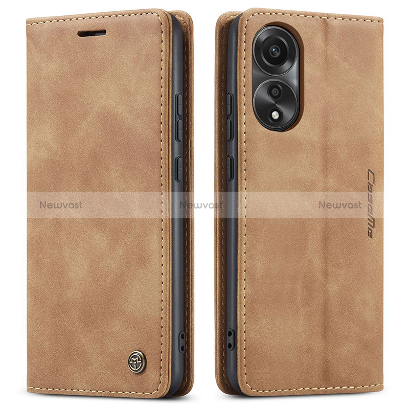 Leather Case Stands Flip Cover Holder C01S for Oppo A78 4G Light Brown