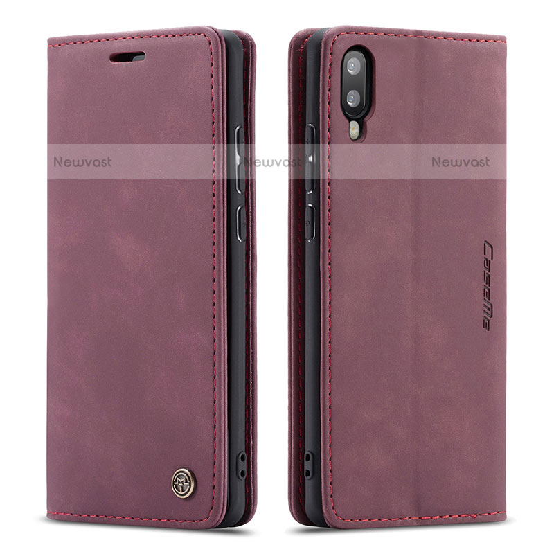 Leather Case Stands Flip Cover Holder C01S for Samsung Galaxy M10 Red Wine