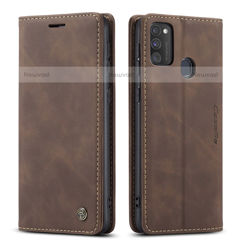 Leather Case Stands Flip Cover Holder C01S for Samsung Galaxy M21 Brown