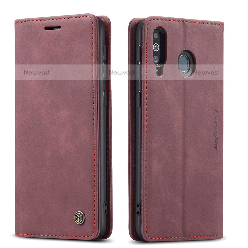 Leather Case Stands Flip Cover Holder C01S for Samsung Galaxy M30 Red Wine