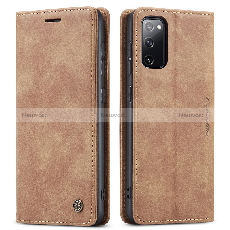 Leather Case Stands Flip Cover Holder C01S for Samsung Galaxy S20 FE (2022) 5G Light Brown