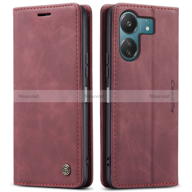 Leather Case Stands Flip Cover Holder C01S for Xiaomi Redmi 13C Red Wine