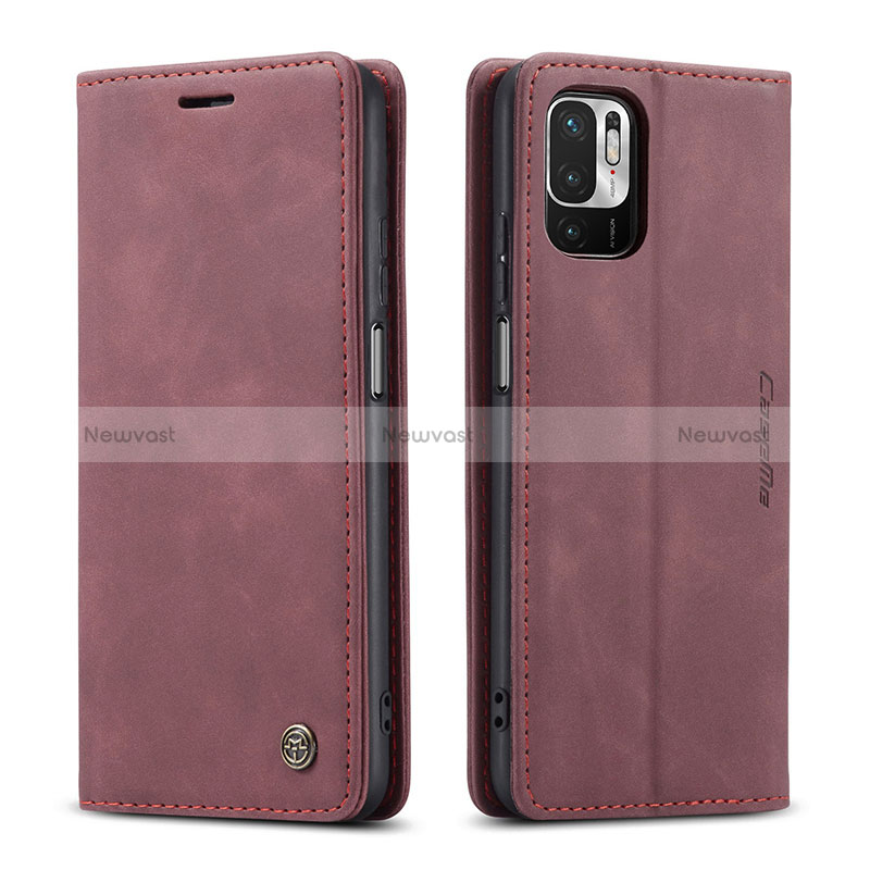 Leather Case Stands Flip Cover Holder C01S for Xiaomi Redmi Note 10T 5G Red Wine