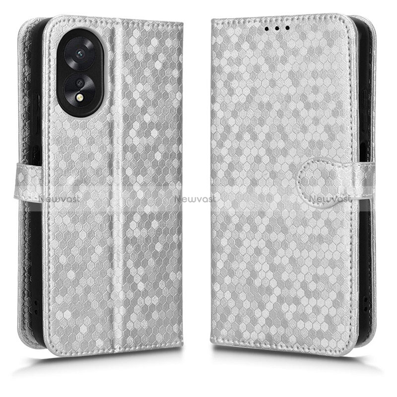 Leather Case Stands Flip Cover Holder C01X for Oppo A18 Silver