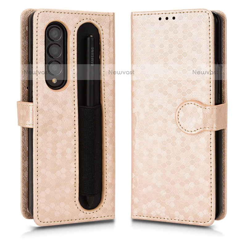 Leather Case Stands Flip Cover Holder C01X for Samsung Galaxy Z Fold3 5G Gold