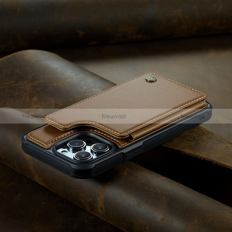 Leather Case Stands Flip Cover Holder C02S for Apple iPhone 13 Pro Max Brown