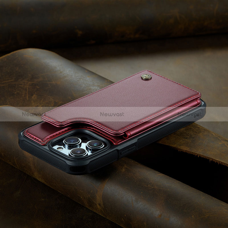 Leather Case Stands Flip Cover Holder C02S for Apple iPhone 14 Pro Red Wine