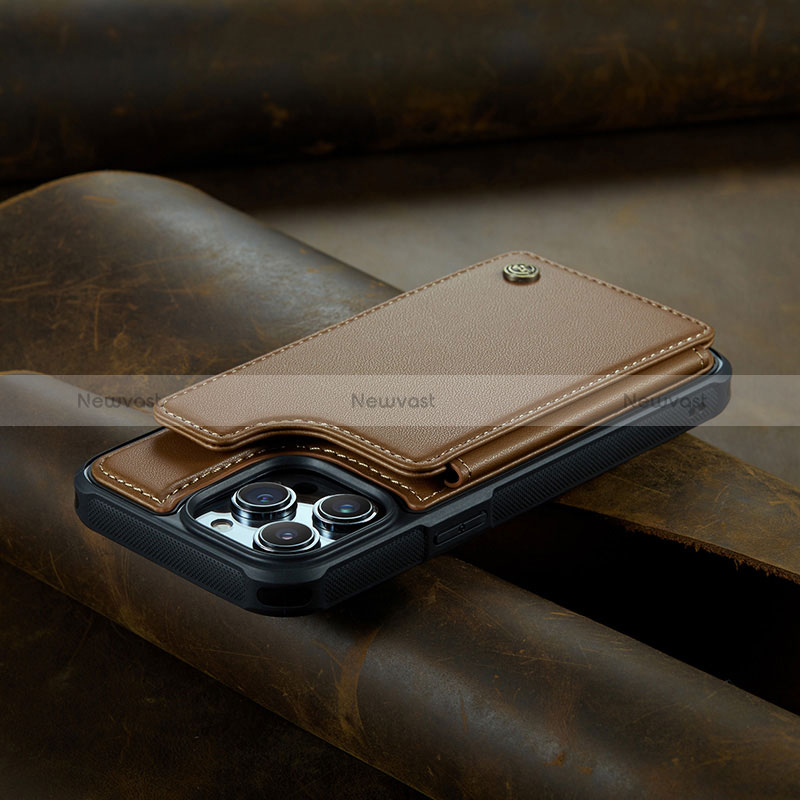 Leather Case Stands Flip Cover Holder C02S for Apple iPhone 15 Pro Max Brown