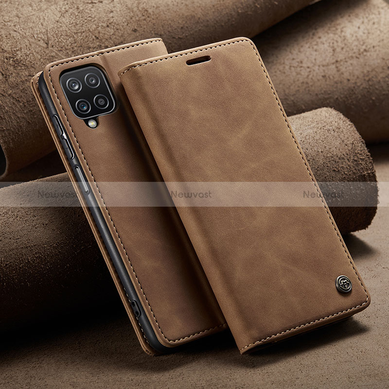 Leather Case Stands Flip Cover Holder C02S for Samsung Galaxy A12 5G Light Brown