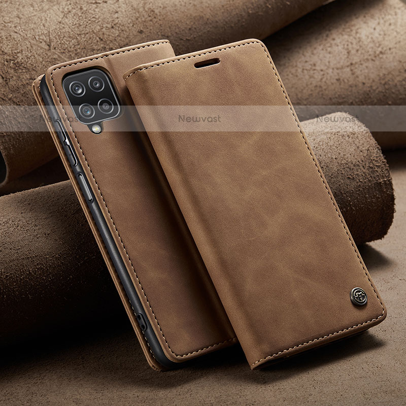 Leather Case Stands Flip Cover Holder C02S for Samsung Galaxy A12 Light Brown