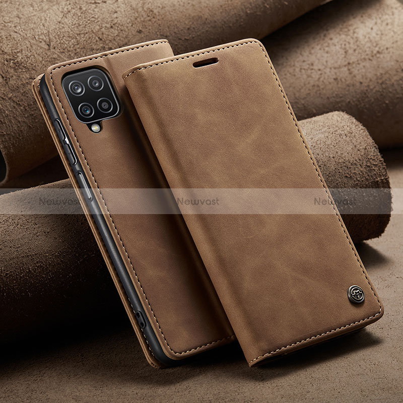 Leather Case Stands Flip Cover Holder C02S for Samsung Galaxy A12 Nacho Light Brown