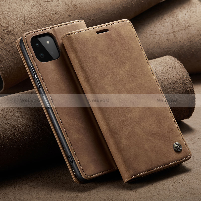 Leather Case Stands Flip Cover Holder C02S for Samsung Galaxy A22 5G Light Brown