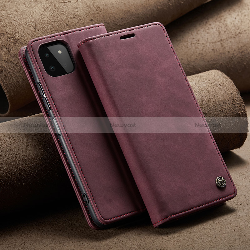 Leather Case Stands Flip Cover Holder C02S for Samsung Galaxy A22 5G Red Wine