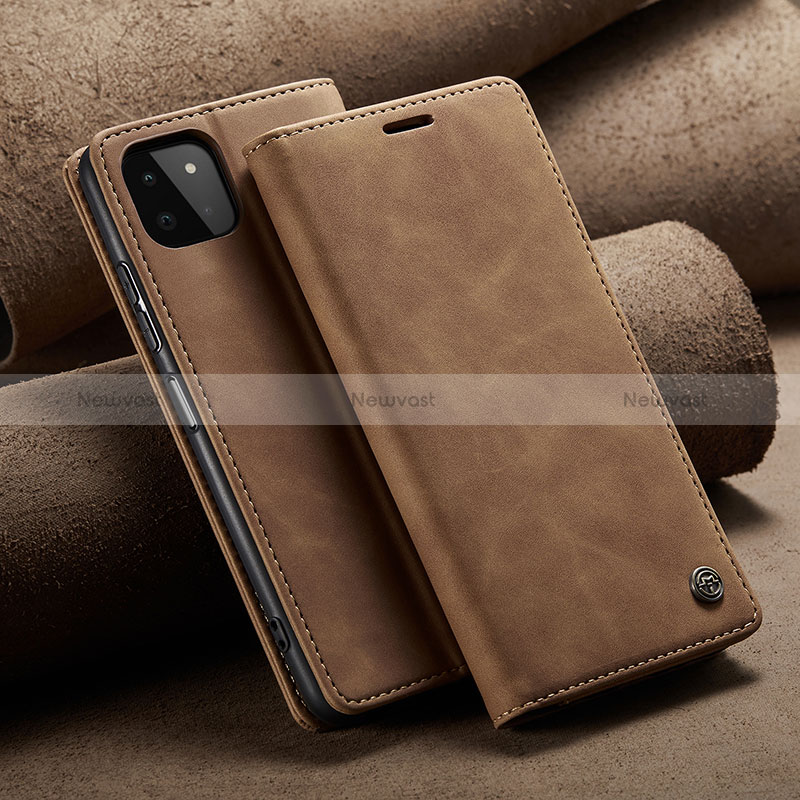 Leather Case Stands Flip Cover Holder C02S for Samsung Galaxy A22s 5G Light Brown
