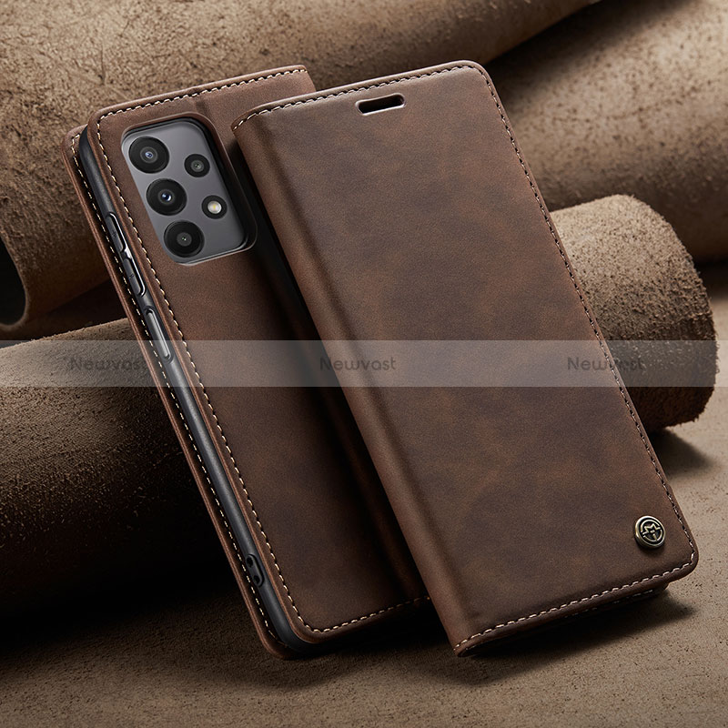 Leather Case Stands Flip Cover Holder C02S for Samsung Galaxy A23 4G Brown