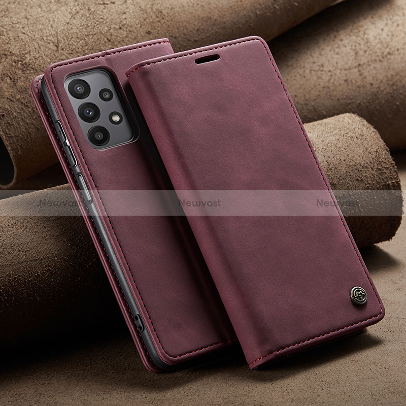 Leather Case Stands Flip Cover Holder C02S for Samsung Galaxy A23 4G Red Wine