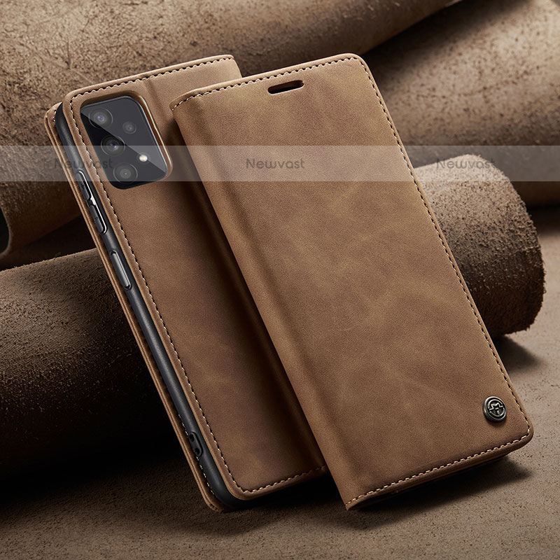 Leather Case Stands Flip Cover Holder C02S for Samsung Galaxy M32 5G Light Brown