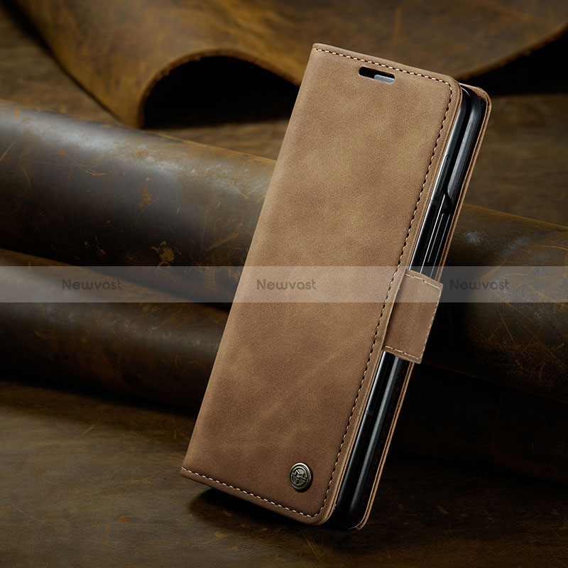 Leather Case Stands Flip Cover Holder C02S for Samsung Galaxy Z Fold5 5G Light Brown